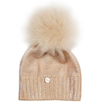 Copper Mettalic Wool Hat With Fox Pom