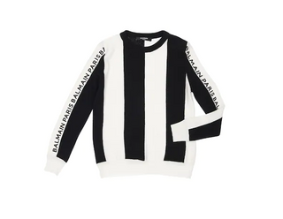 Black White Vertical Striped Sweater with Logo Stripe