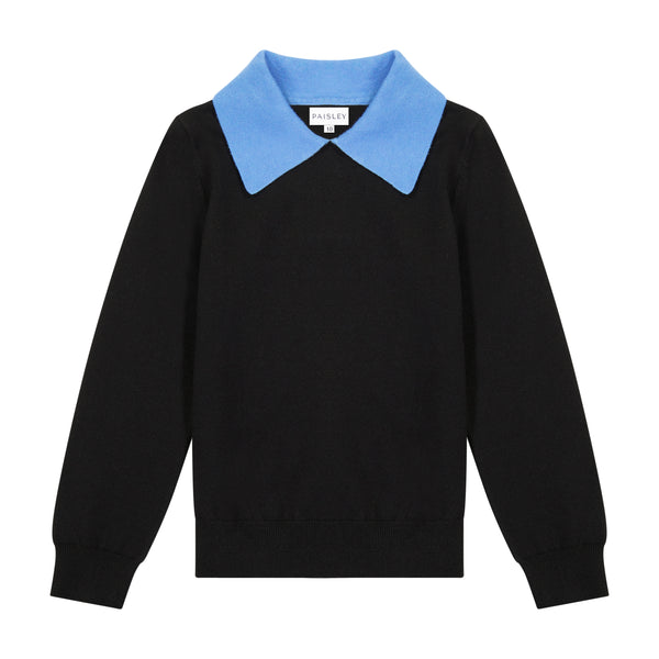 PL Black Knit Top with Blue Collar