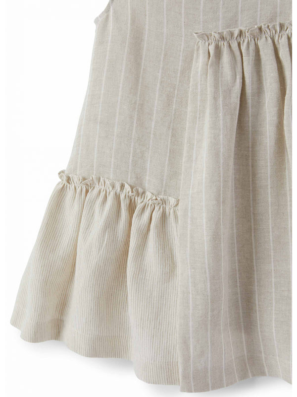 Beige Sleeveless Linen Striped Dress